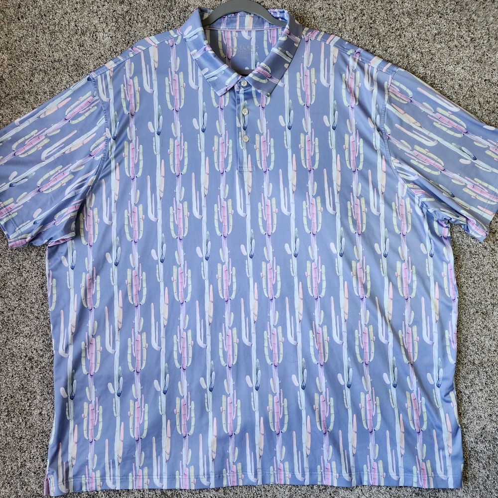 Maelreg Performance Polo Mens 4XL Cactus Print Golf Shirt Blue Stretch Excellent